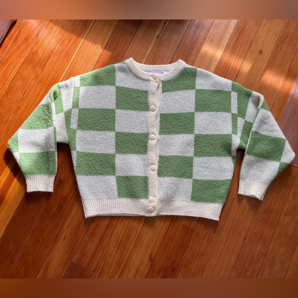 Lisa Says Gah Lauda Cardi - Ivory/Leaf Check cardigan